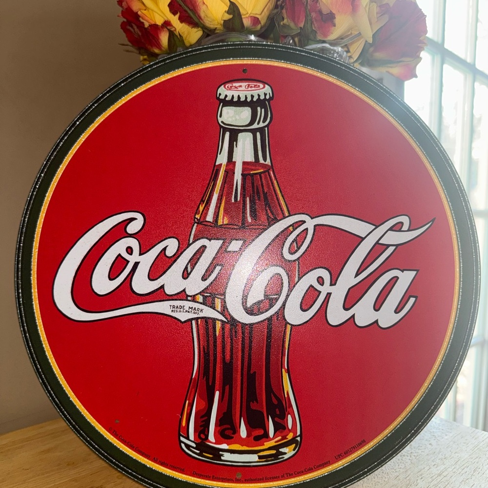 Coca-Cola Red and White Round Logo Sign with Bottle Art